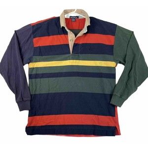 VTG Nautica Striped Color Block LS Pullover Polo Rugby Shirt Men's Size Large